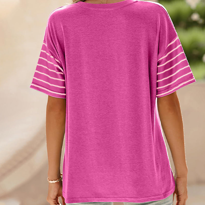💕Ofertă limitată: 50% reducere💕Bluză casual pentru femei, cu guler rotund, dungi și combinație de culori, cu mâneci scurte-1