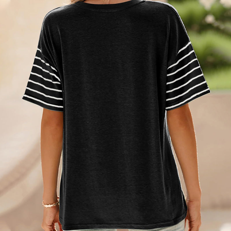 💕Ofertă limitată: 50% reducere💕Bluză casual pentru femei, cu guler rotund, dungi și combinație de culori, cu mâneci scurte-3