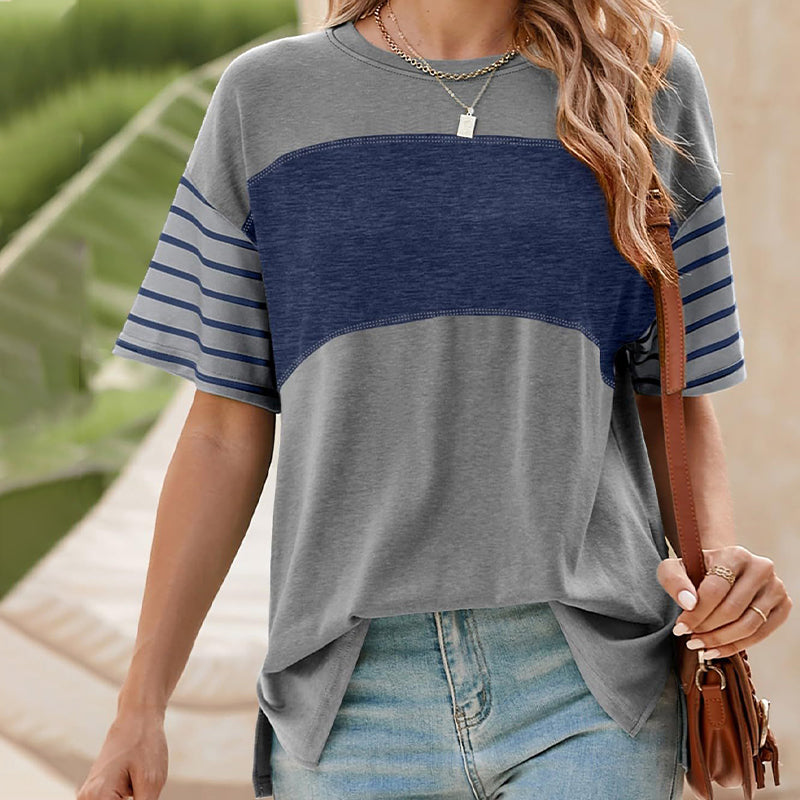 💕Ofertă limitată: 50% reducere💕Bluză casual pentru femei, cu guler rotund, dungi și combinație de culori, cu mâneci scurte-4