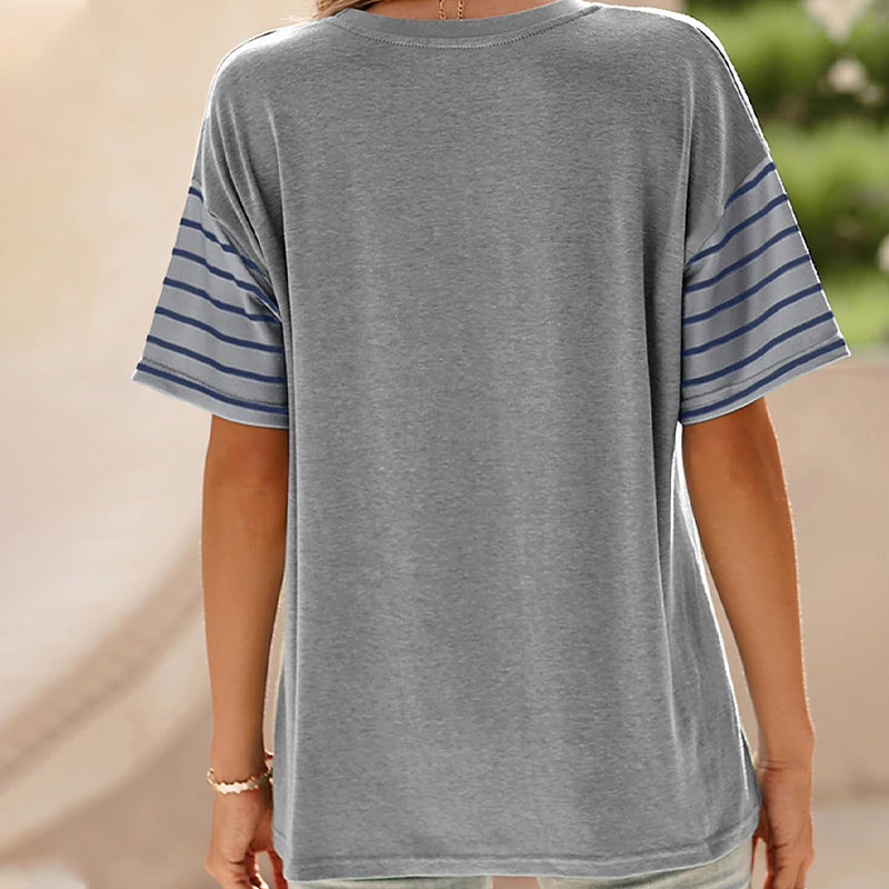 💕Ofertă limitată: 50% reducere💕Bluză casual pentru femei, cu guler rotund, dungi și combinație de culori, cu mâneci scurte-7