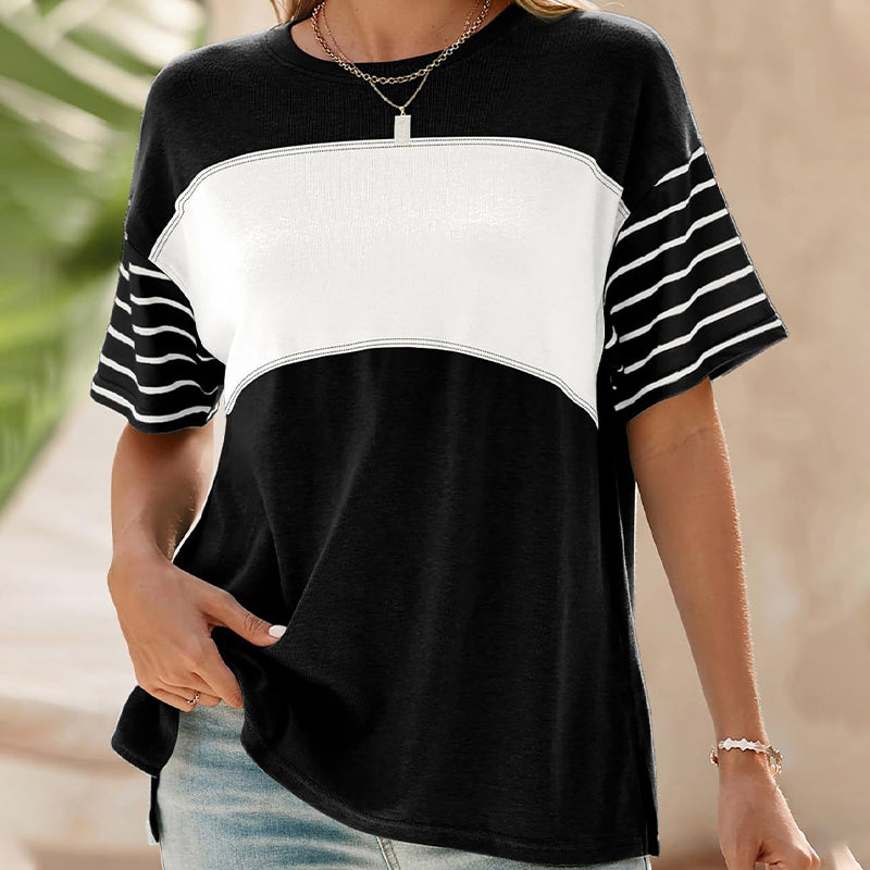 💕Ofertă limitată: 50% reducere💕Bluză casual pentru femei, cu guler rotund, dungi și combinație de culori, cu mâneci scurte-11