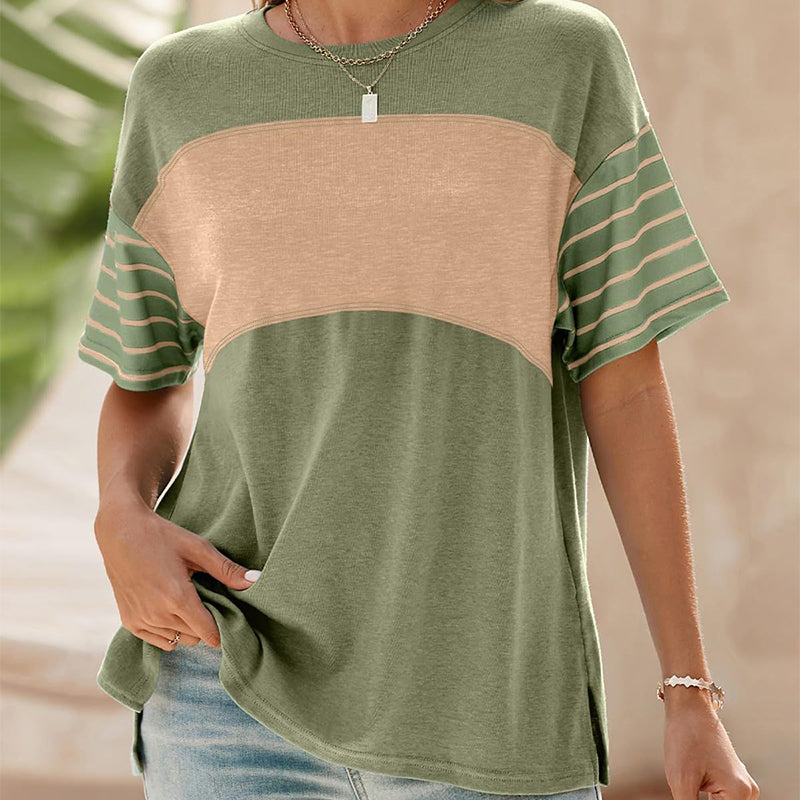 💕Ofertă limitată: 50% reducere💕Bluză casual pentru femei, cu guler rotund, dungi și combinație de culori, cu mâneci scurte-12