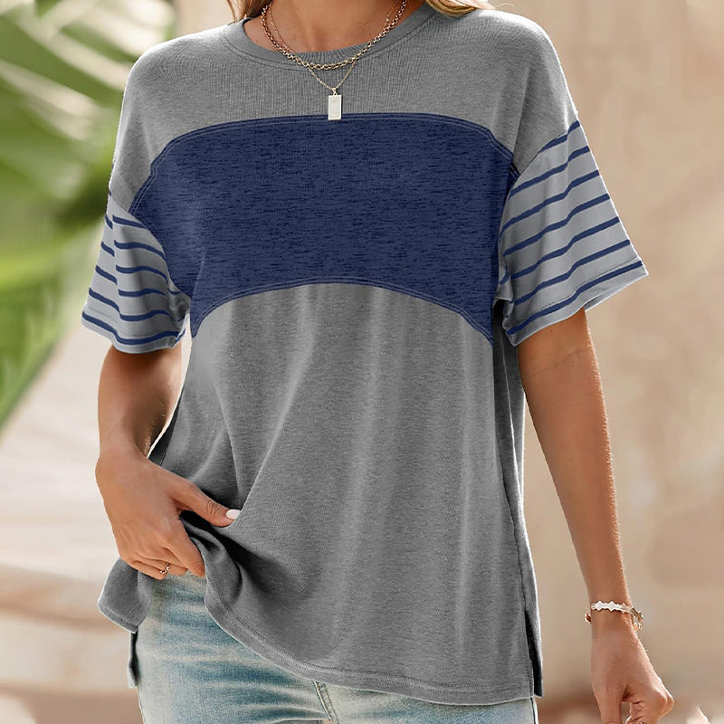 💕Ofertă limitată: 50% reducere💕Bluză casual pentru femei, cu guler rotund, dungi și combinație de culori, cu mâneci scurte-14