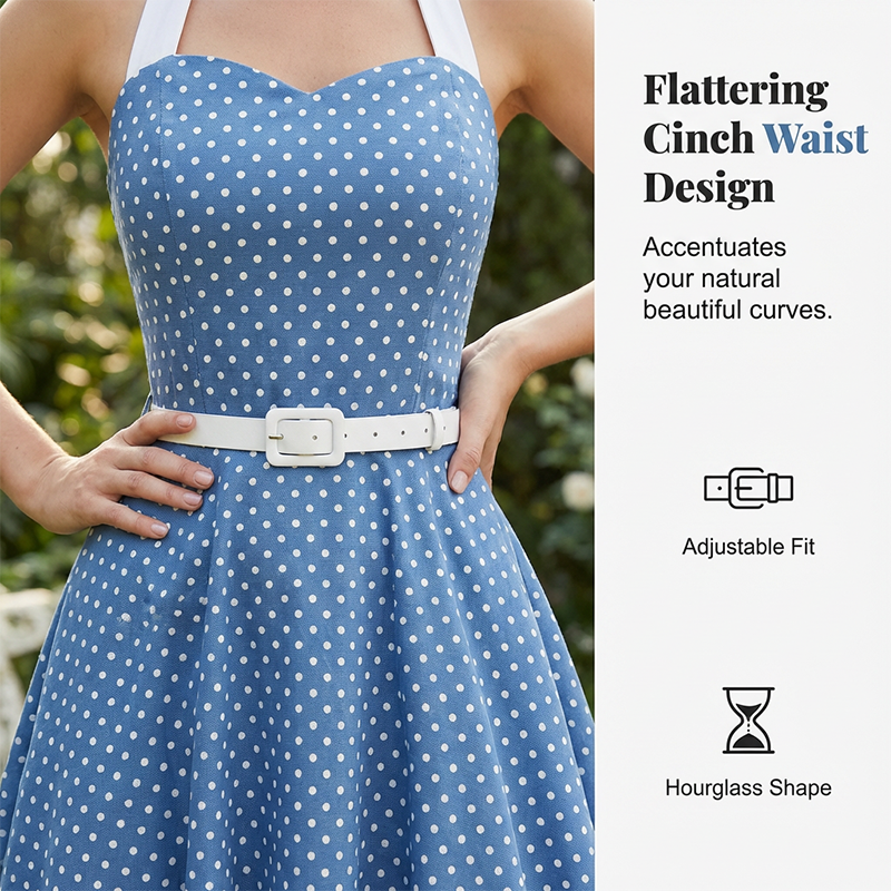 😍👗Rochie retro cu bretele în formă de A, cu buline, pentru femei⭐-4