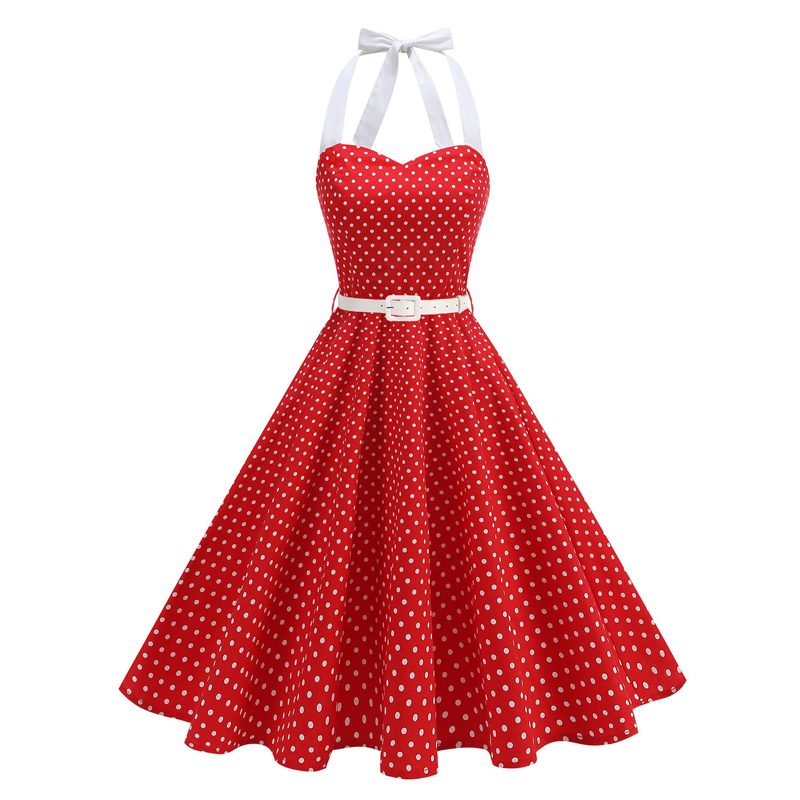 😍👗Rochie retro cu bretele în formă de A, cu buline, pentru femei⭐-12