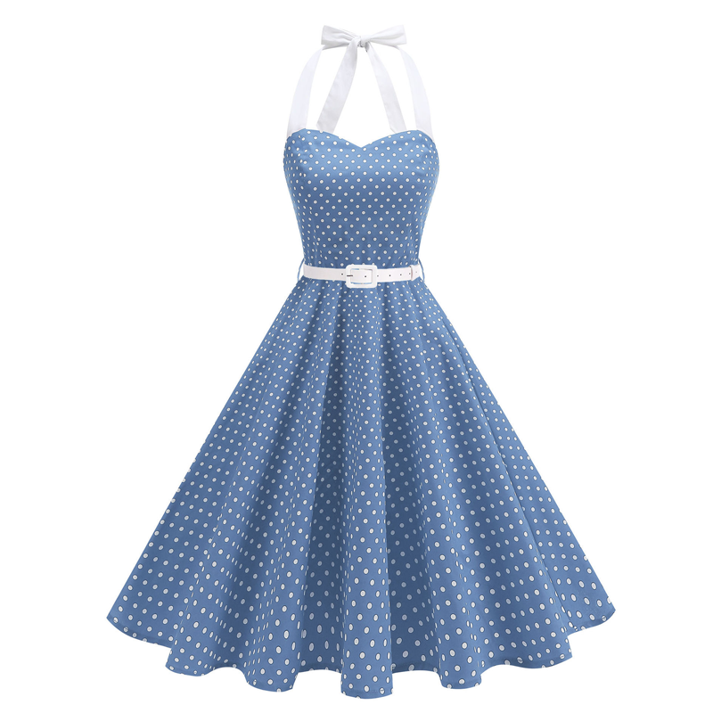 😍👗Rochie retro cu bretele în formă de A, cu buline, pentru femei⭐-14