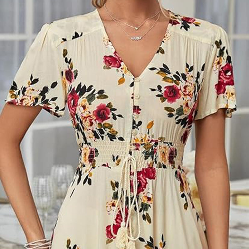 🌹👗Rochie feminină în linie A, cu guler larg și imprimeu floral😍-2