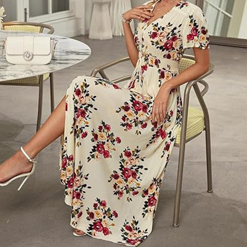 🌹👗Rochie feminină în linie A, cu guler larg și imprimeu floral😍-3