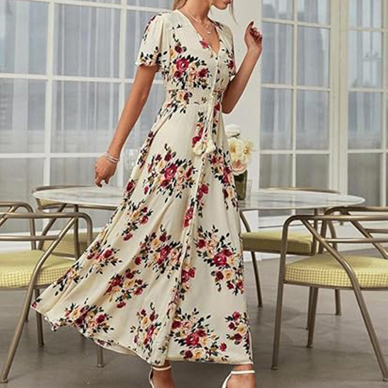 🌹👗Rochie feminină în linie A, cu guler larg și imprimeu floral😍-4