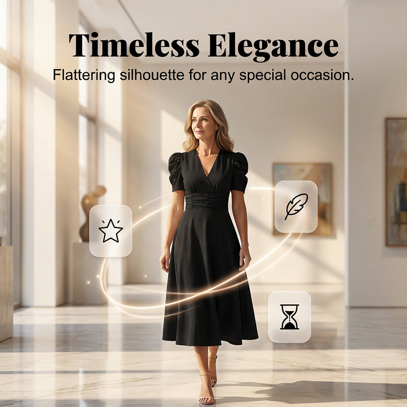 🌞Elegant V-Neck High Waist Dress with Puff Sleeve