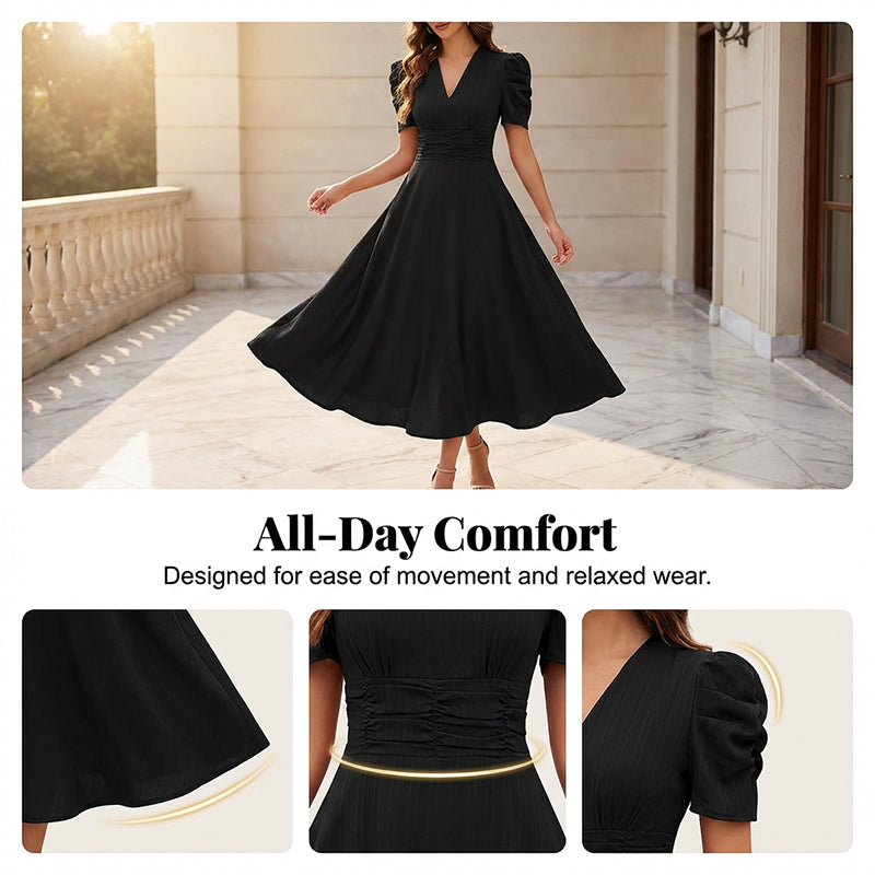 🌞Elegant V-Neck High Waist Dress with Puff Sleeve-3