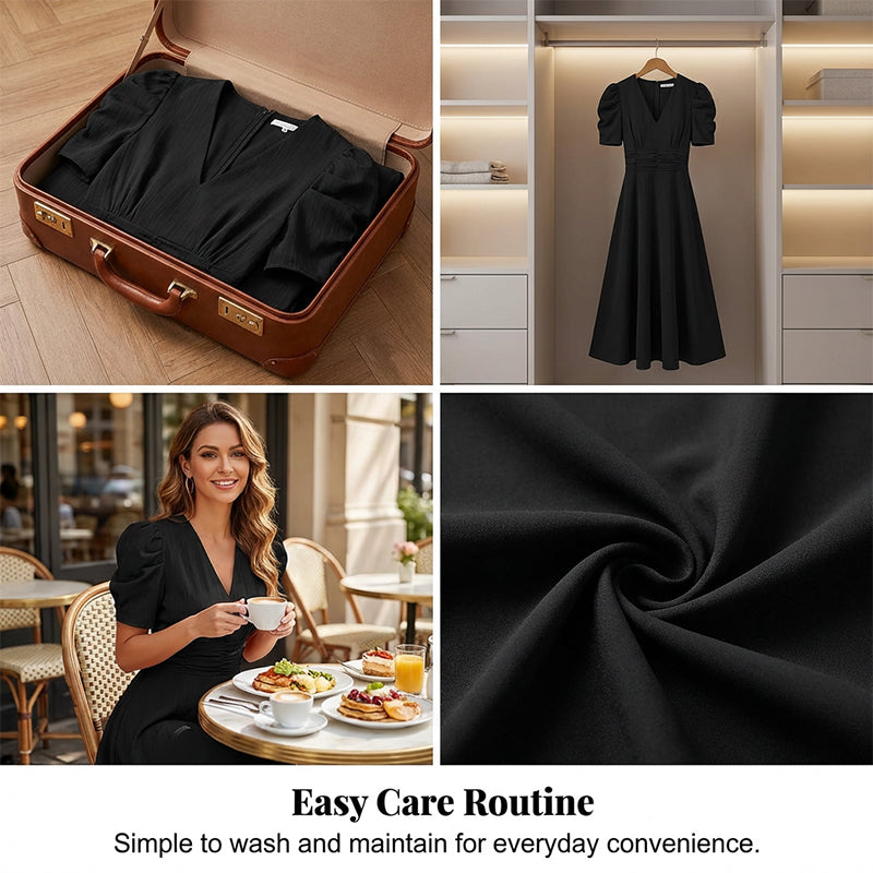 🌞Elegant V-Neck High Waist Dress with Puff Sleeve-4