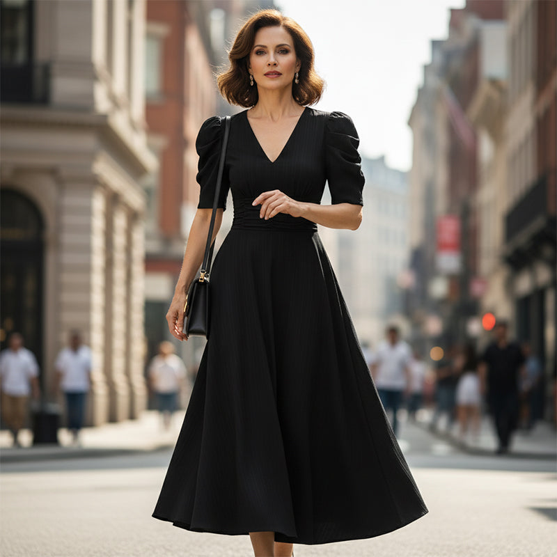 🌞Elegant V-Neck High Waist Dress with Puff Sleeve-5