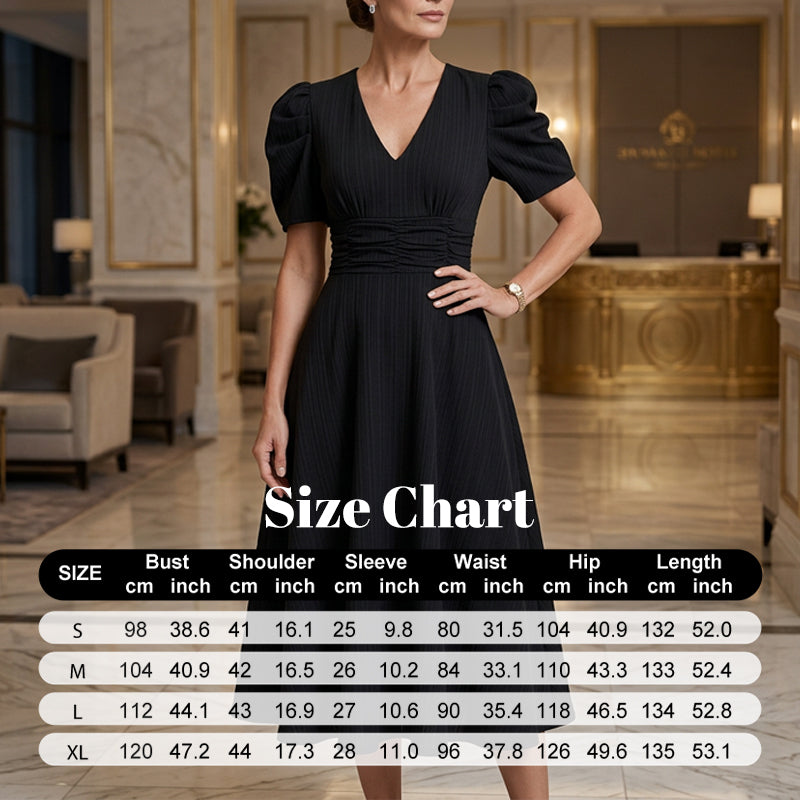 🌞Elegant V-Neck High Waist Dress with Puff Sleeve-7