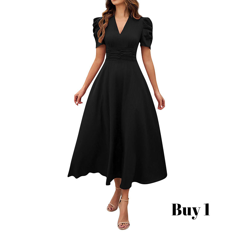 🌞Elegant V-Neck High Waist Dress with Puff Sleeve-9