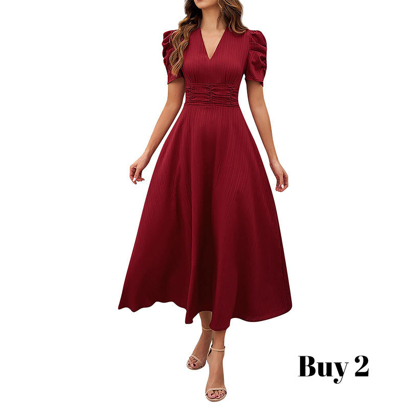 🌞Elegant V-Neck High Waist Dress with Puff Sleeve-12