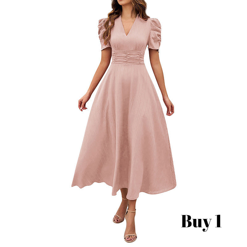 🌞Elegant V-Neck High Waist Dress with Puff Sleeve-13