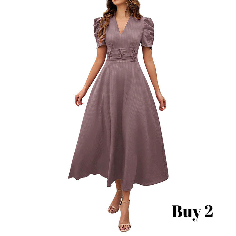 🌞Elegant V-Neck High Waist Dress with Puff Sleeve-16