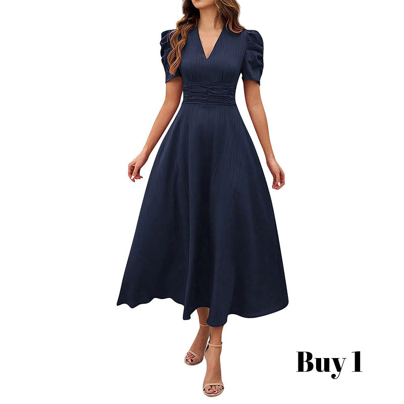🌞Elegant V-Neck High Waist Dress with Puff Sleeve-17