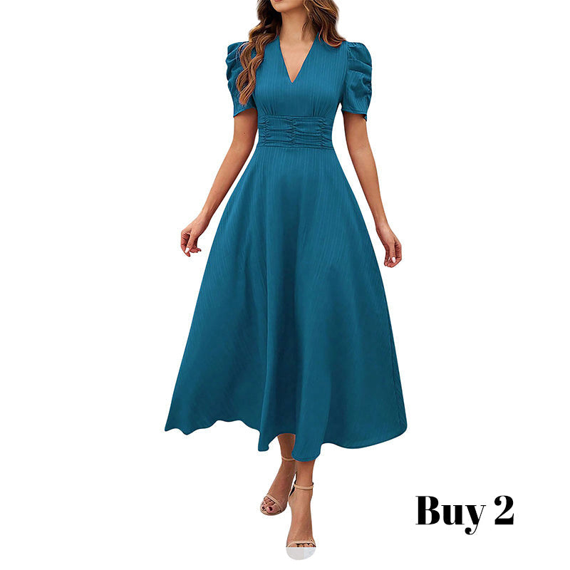 🌞Elegant V-Neck High Waist Dress with Puff Sleeve-22