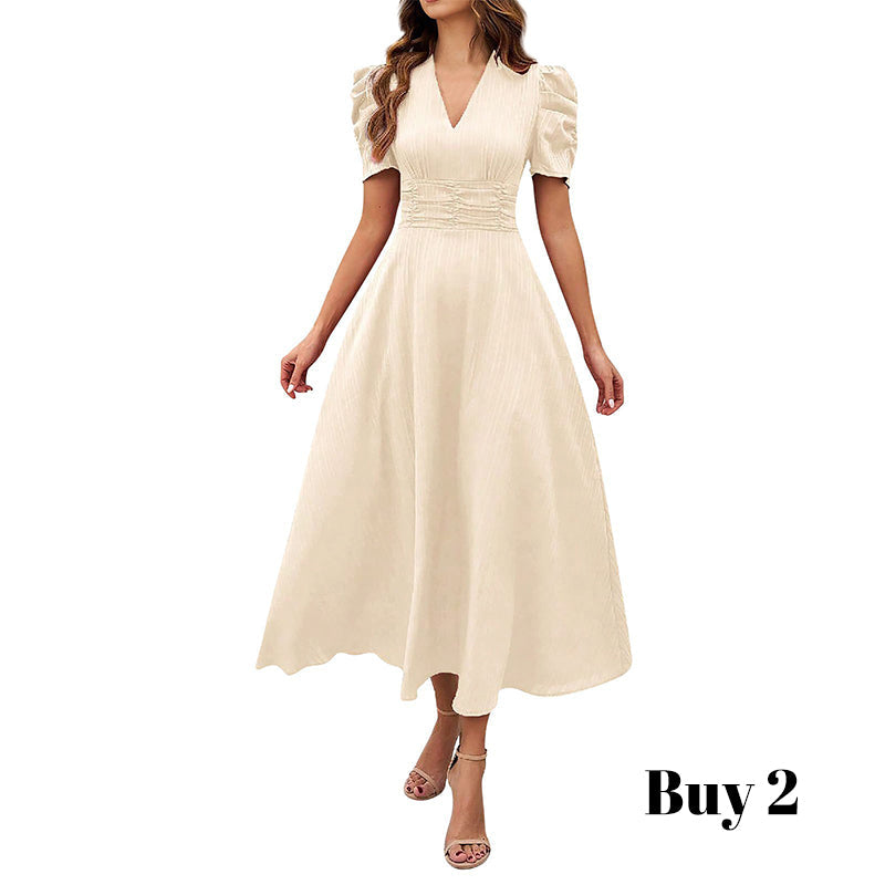 🌞Elegant V-Neck High Waist Dress with Puff Sleeve-24