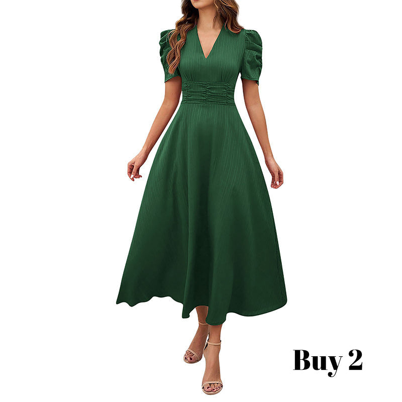 🌞Elegant V-Neck High Waist Dress with Puff Sleeve-26