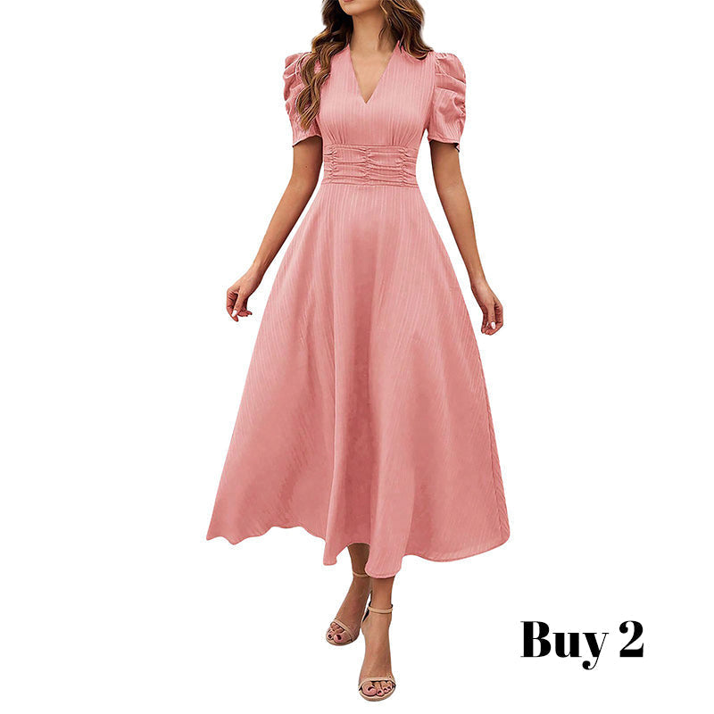 🌞Elegant V-Neck High Waist Dress with Puff Sleeve-28