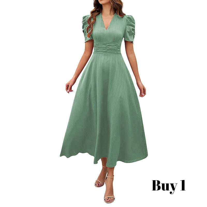 🌞Elegant V-Neck High Waist Dress with Puff Sleeve-29