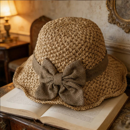 👒Pălărie elegantă de soare din paie împletită, cu fundă 🌞