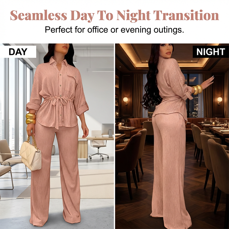 💄✨Set pentru femei compus din cămașă cu șnur și pantaloni cu croi larg🥰-6