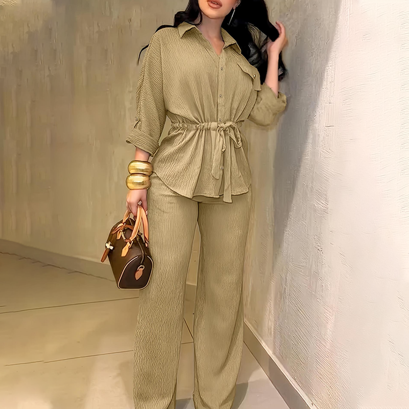 💄✨Set pentru femei compus din cămașă cu șnur și pantaloni cu croi larg🥰-11