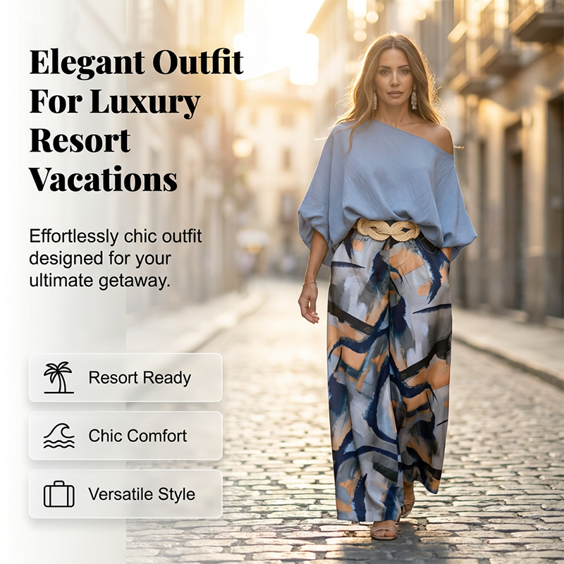 🌿☀️Set elegant format din un top cu un singur umăr și pantaloni largi cu imprimeu abstract🌟