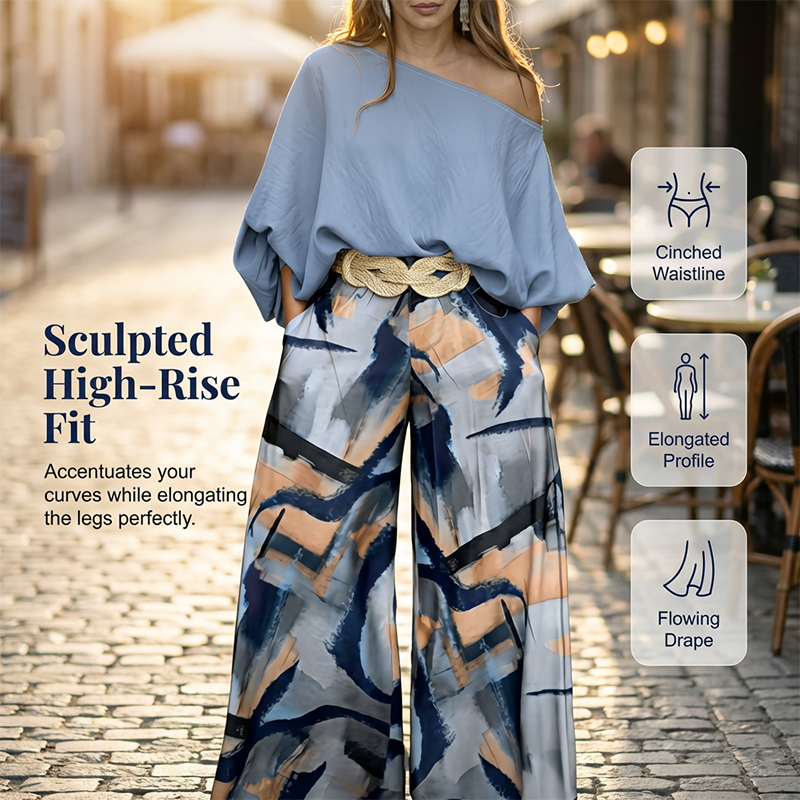 🌿☀️Set elegant format din un top cu un singur umăr și pantaloni largi cu imprimeu abstract🌟-3