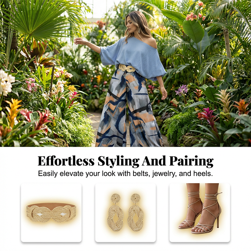 🌿☀️Set elegant format din un top cu un singur umăr și pantaloni largi cu imprimeu abstract🌟-6