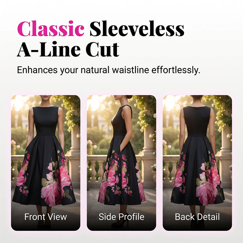 🌸Rochie midi elegantă, fără mâneci, cu croi în A și imprimeu floral👗❤️-2