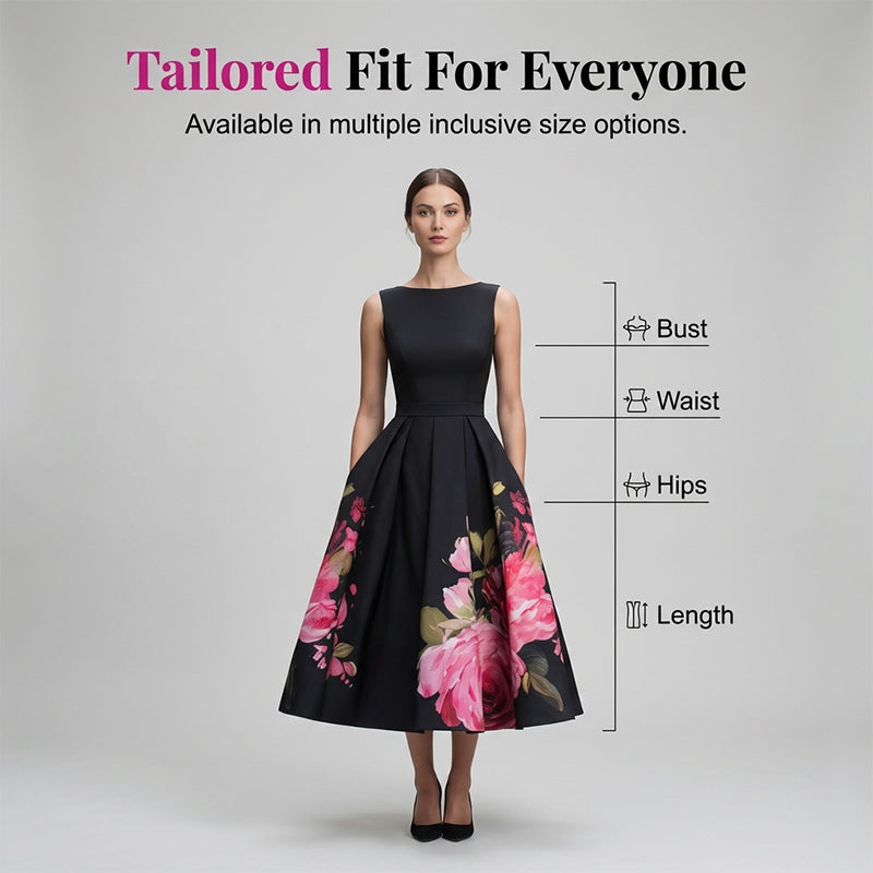 🌸Rochie midi elegantă, fără mâneci, cu croi în A și imprimeu floral👗❤️-5