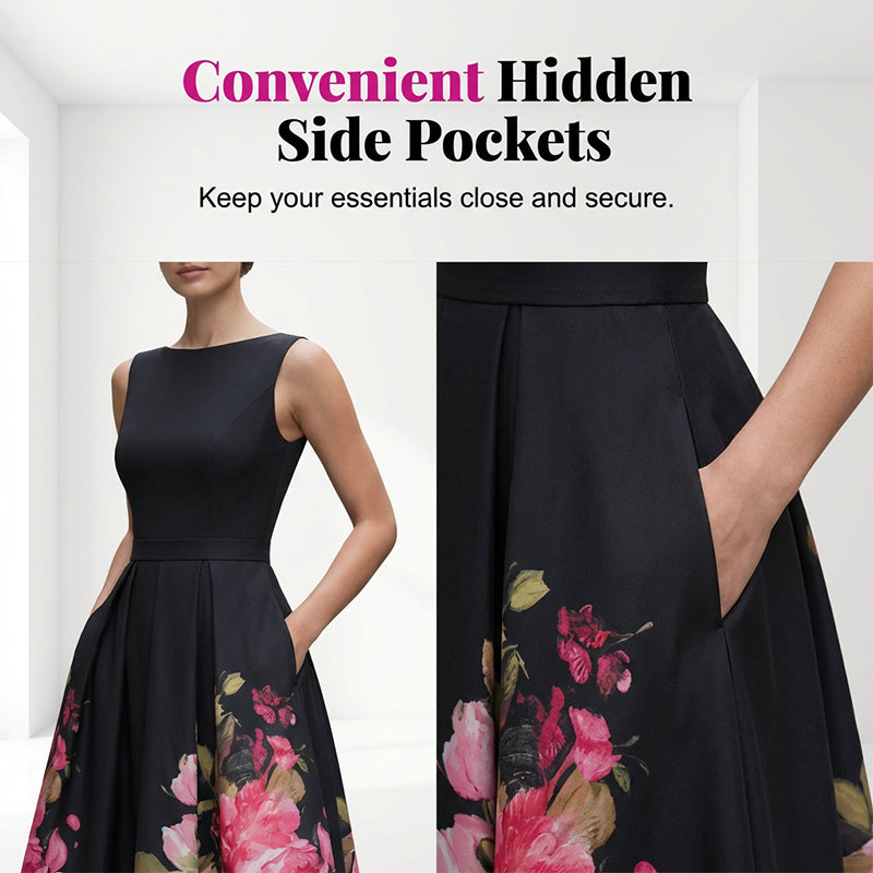 🌸Rochie midi elegantă, fără mâneci, cu croi în A și imprimeu floral👗❤️-7