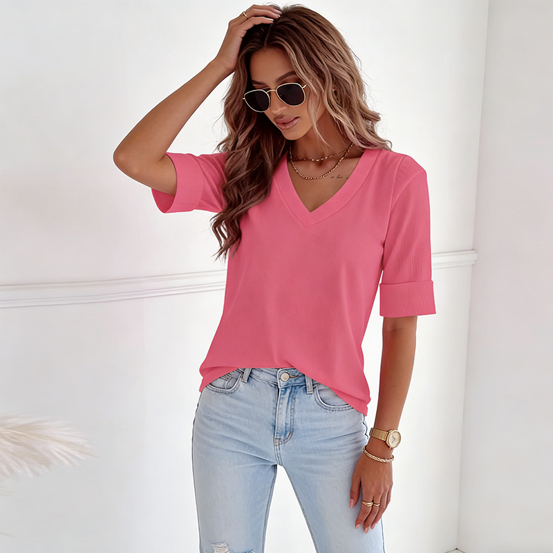 🌬️🌿Women's V-Neck Cuffed Sleeve Ribbed T-Shirt👕-2