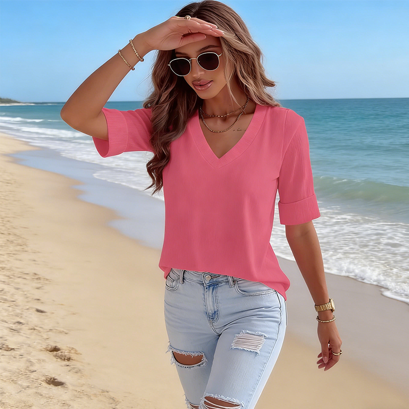 🌬️🌿Women's V-Neck Cuffed Sleeve Ribbed T-Shirt👕-3