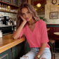 🌬️🌿Women's V-Neck Cuffed Sleeve Ribbed T-Shirt👕-4