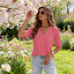 🌬️🌿Women's V-Neck Cuffed Sleeve Ribbed T-Shirt👕-9