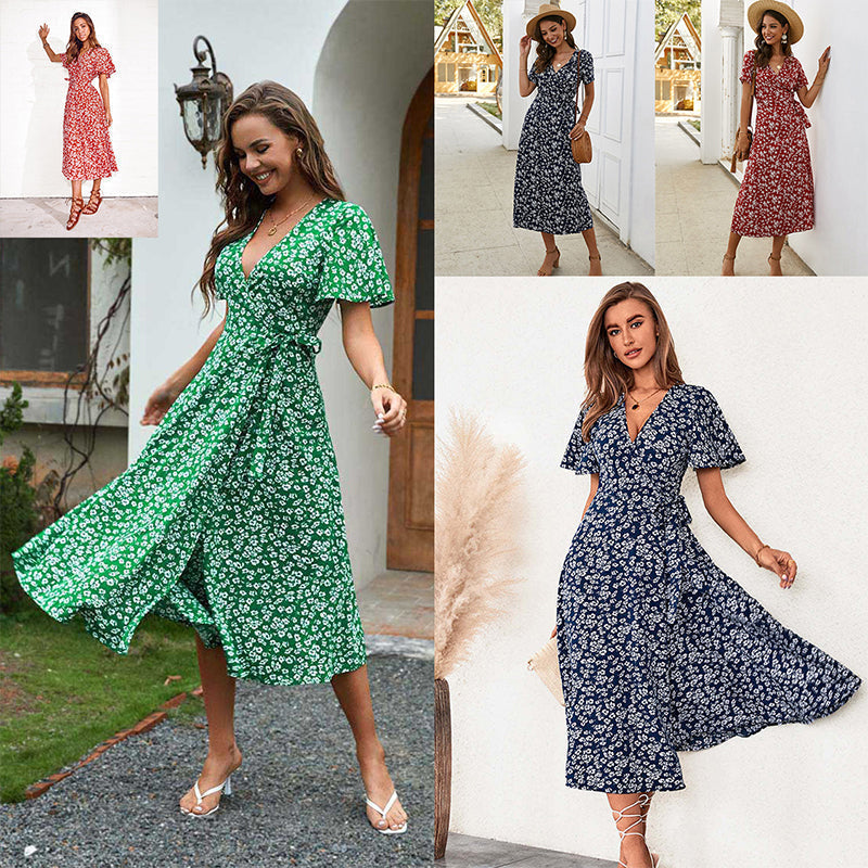 😻👗Rochie elegantă cu imprimeu floral și decolteu în V🌬️-5