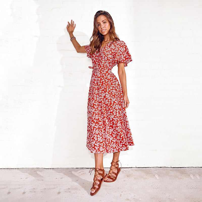 😻👗Rochie elegantă cu imprimeu floral și decolteu în V🌬️-7