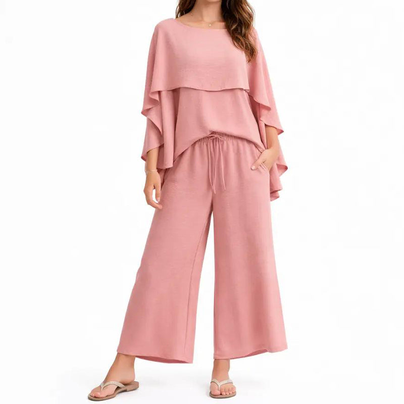 💥Noutăți S- 5XL💥 Bluză tip pelerină asortată cu pantaloni largi-1