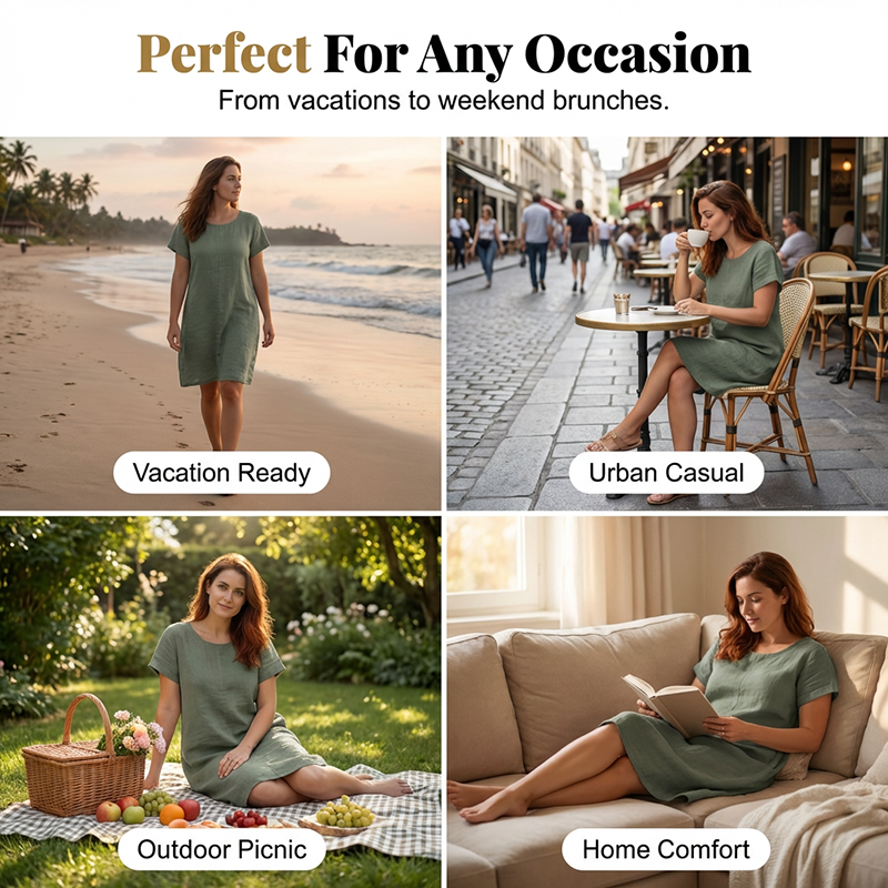 👗❤️Rochie casual din bumbac și in pentru femei, cu buzunare🔥-7