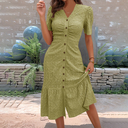 🌞💃Rochie midi pentru femei, cu decolteu în V, mâneci scurte și nasturi