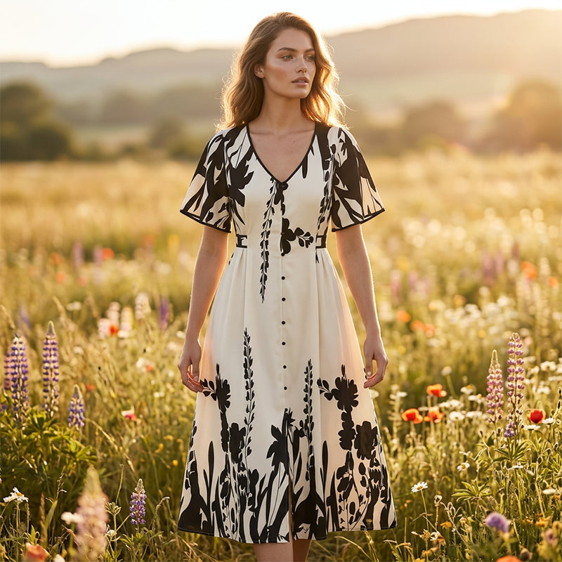 🌹🦋 Size (S-5XL)| Croială A (Ascunde Talia) | Rochie Midi Elegantă cu Decolteu în V și Imprimă Botanic Plus|✨-4
