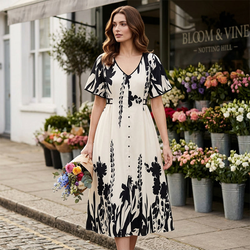 🌹🦋 Size (S-5XL)| Croială A (Ascunde Talia) | Rochie Midi Elegantă cu Decolteu în V și Imprimă Botanic Plus|✨-5
