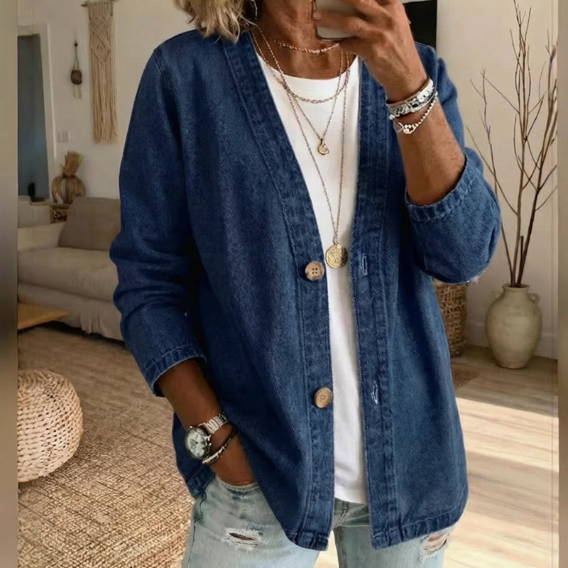 🎁Ofertă exclusivă: 50% reducere💝Jachetă clasică din denim pentru femei, cu nasturi în față💓-10