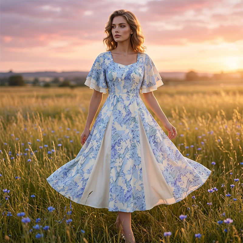 🌼👗Rochie cu mâneci fluturate și croi evazat, de un aspect eteric✨-8